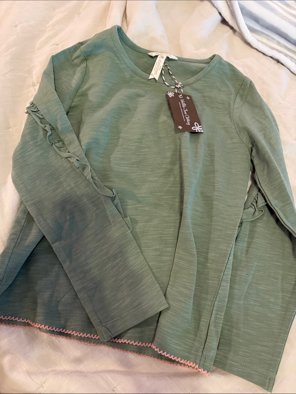 Matilda Jane Sage Green Long-Sleeve Ruffle Trim Tee with Pink Accent